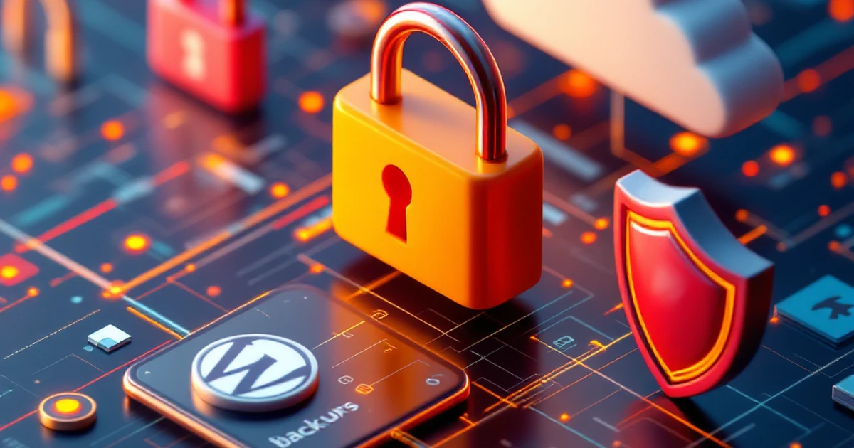 Isometric view of digital security icons for WordPress backups.