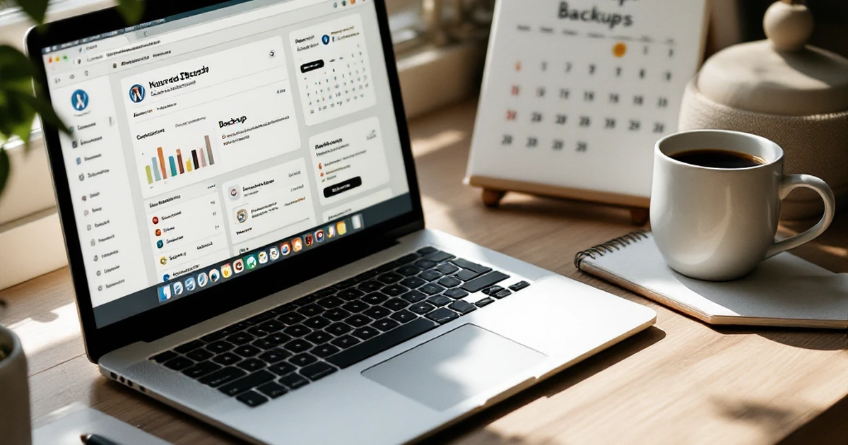 Workspace setup with WordPress dashboard icons and backup calendar.