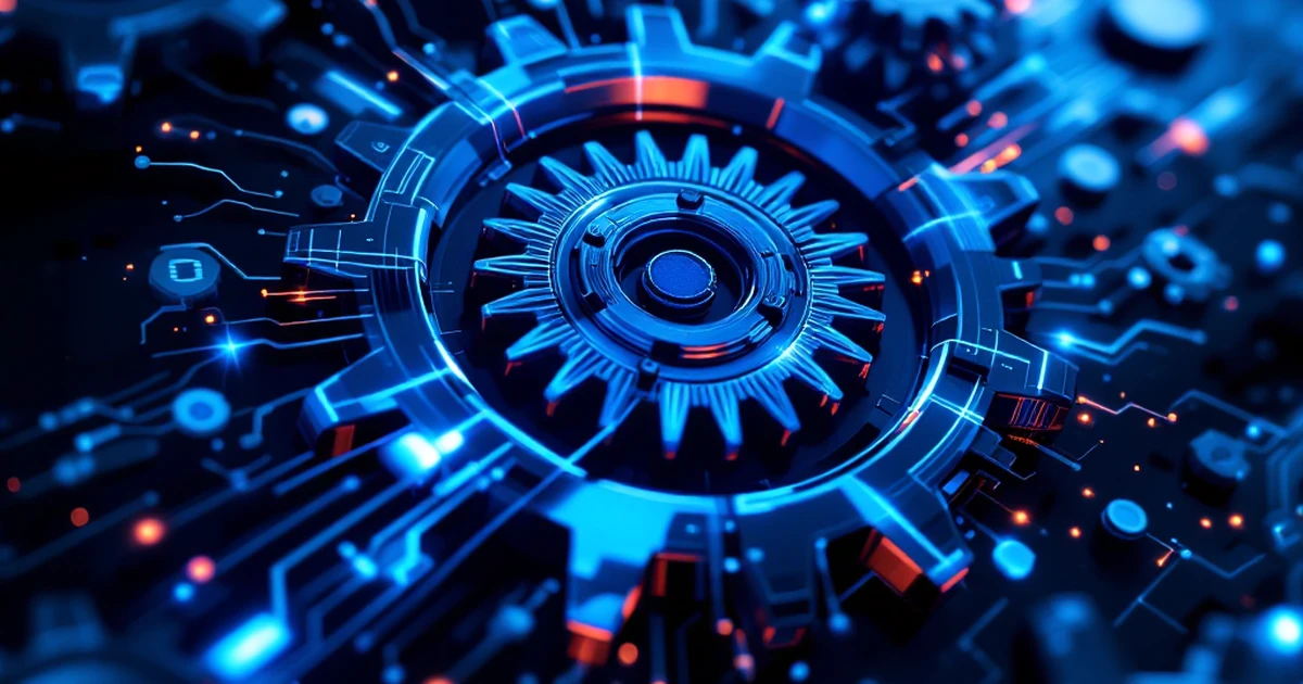 Abstract composition of gears and digital symbols for troubleshooting.