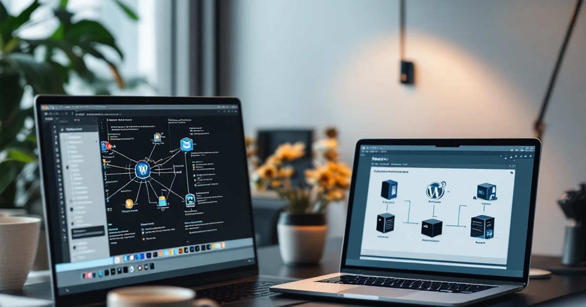 Editorial shot of WordPress hosting comparison setup with laptops and network diagrams.