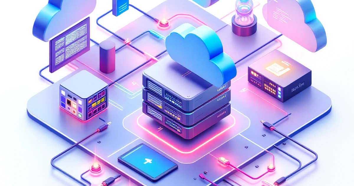 Isometric view of digital hosting environment with cloud and server models.