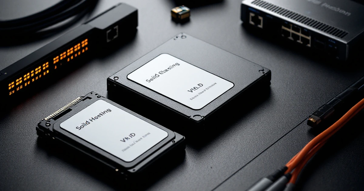 Product photography of web hosting tools including drives and network switches.