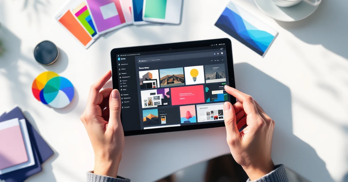Digital workspace with tablet showing WordPress theme options, surrounded by theme swatches and coffee.