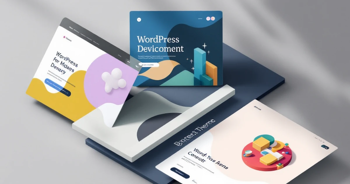 Isometric view of concept cards for WordPress themes with modern design.