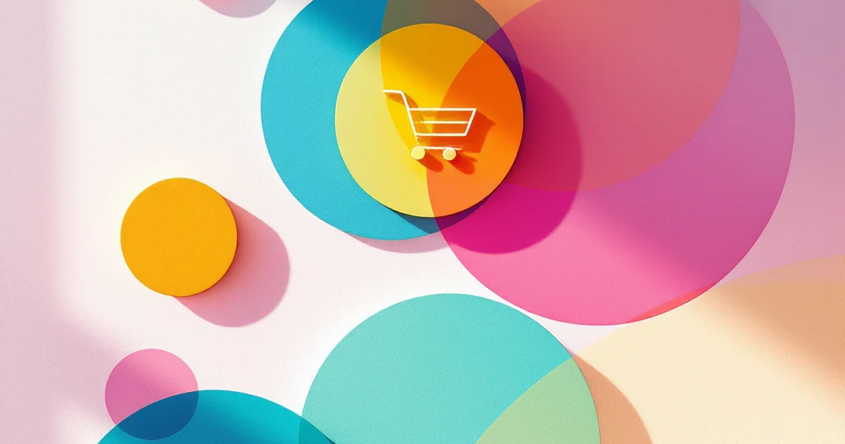 Colorful geometric shapes and a digital shopping cart icon symbolizing mid-range e-commerce themes.