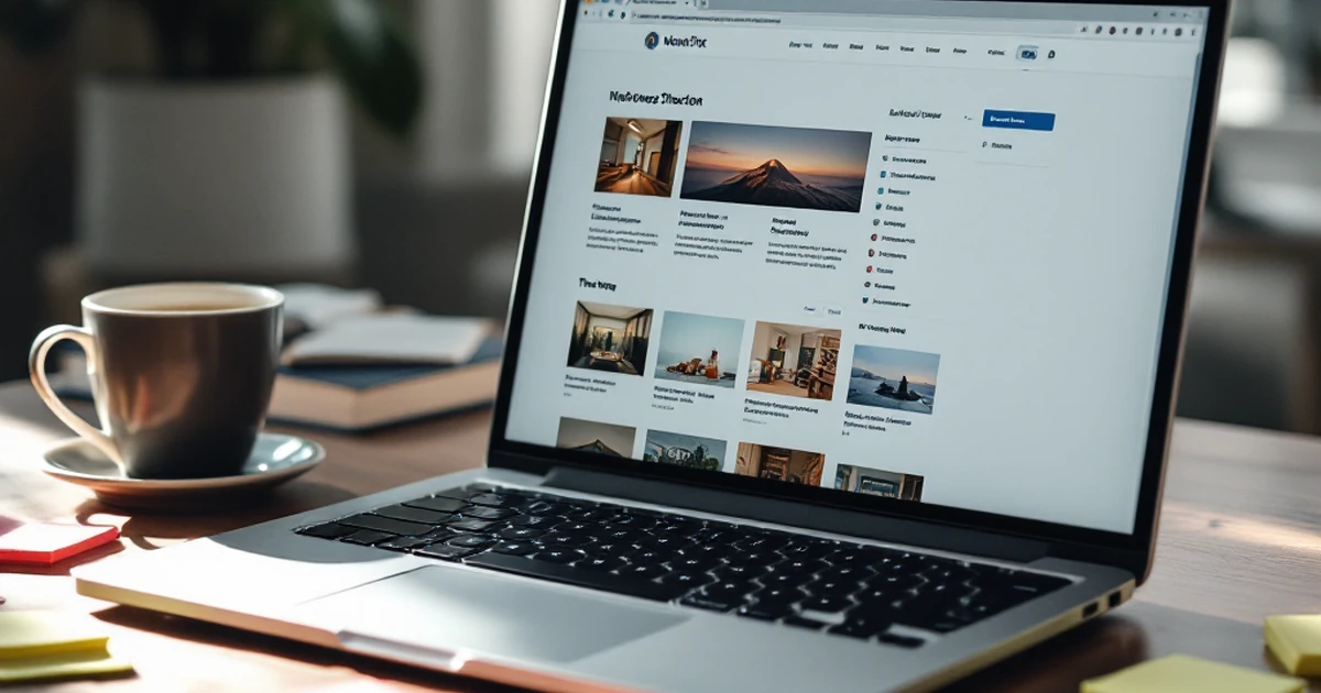 Workspace with laptop showing WordPress themes and coffee.