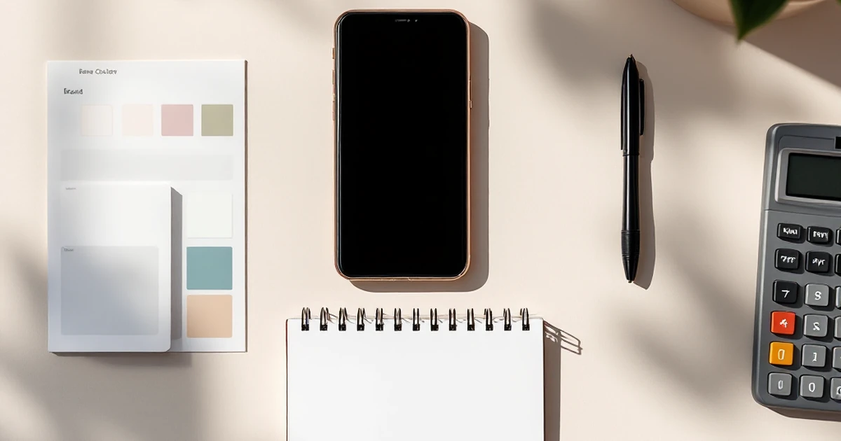 Flat lay of tools for choosing WordPress themes, including phone and notepad.