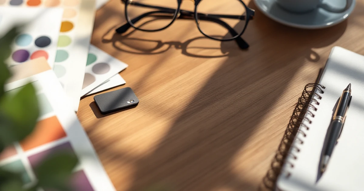 Workspace with theme customization tools including color palettes and a notebook.