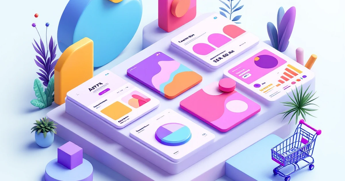 Isometric view of Astra theme elements with template cards and geometric shapes.