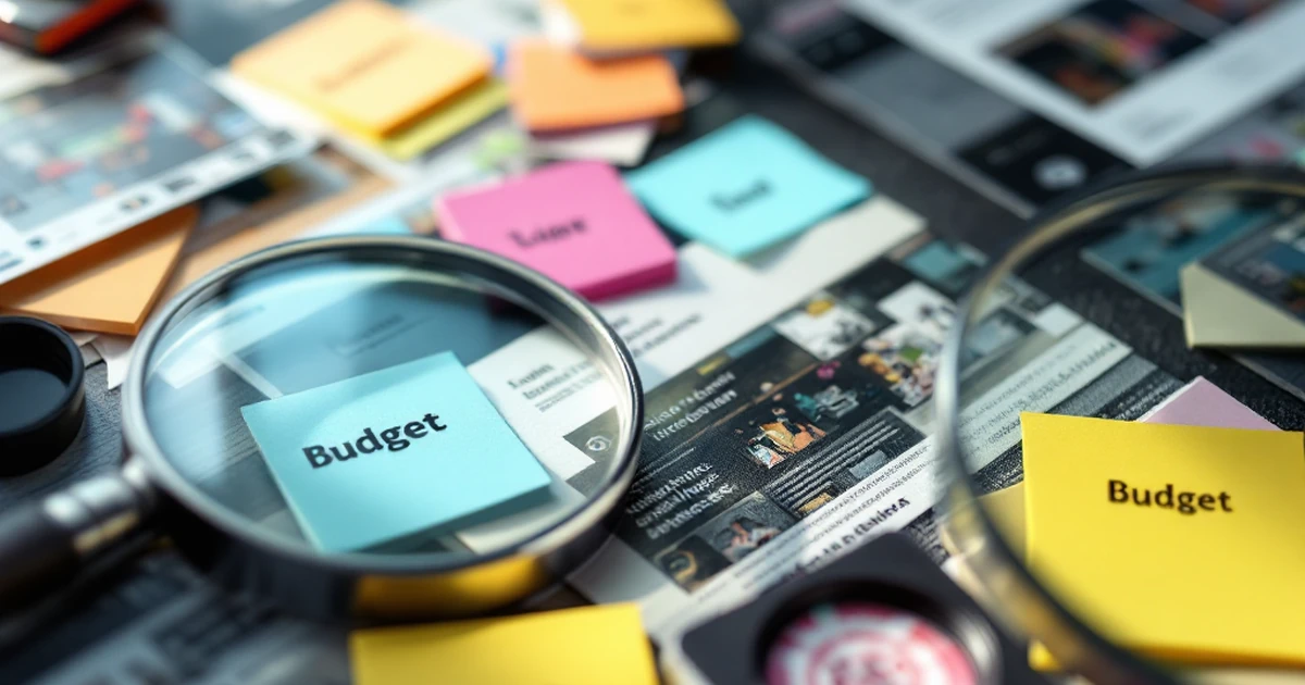 Abstract view of budget and specialty themes with theme badges and sticky notes.