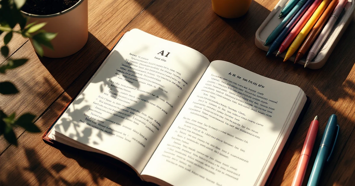 AI writing tools with open notebook and colored pens on a desk.