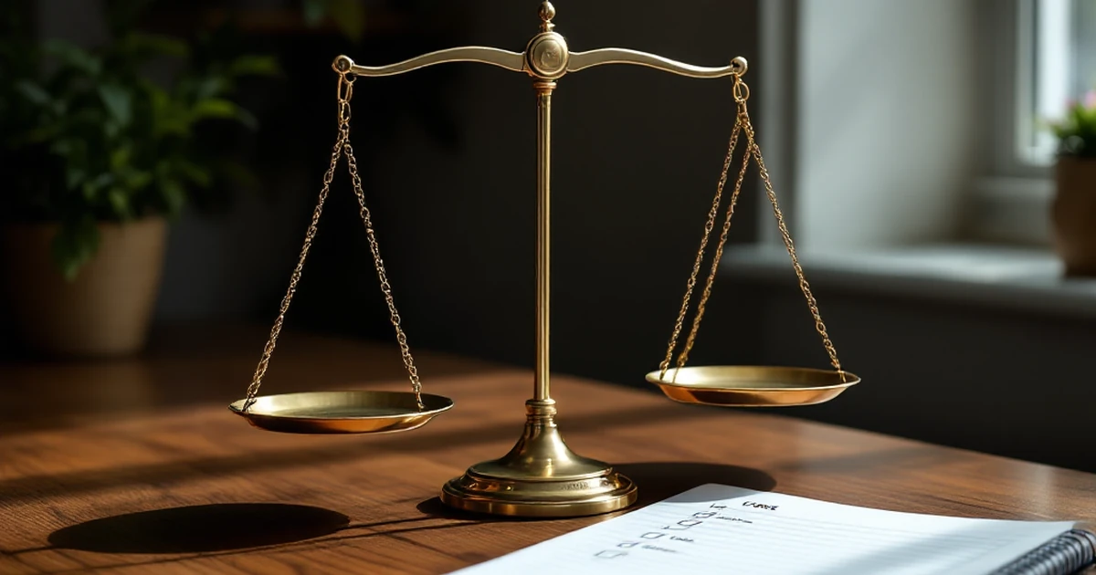 Workspace setup with pros and cons analysis tools on a desk.