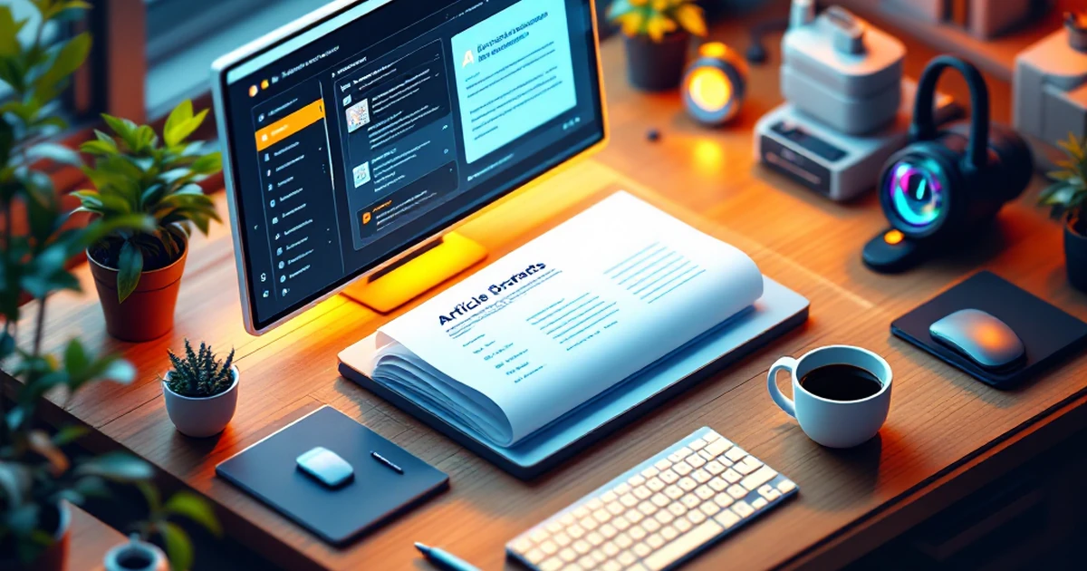 Isometric view of a workspace with AI-driven WordPress tools and digital interface.