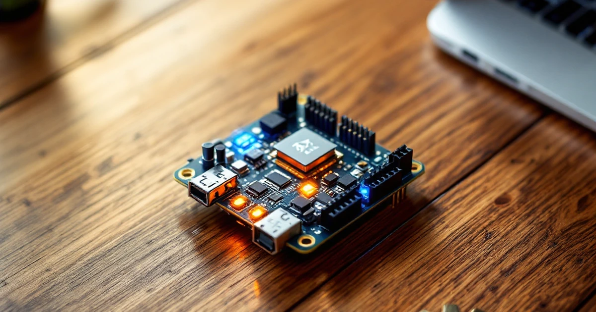 Product photo of AI tool features with circuit board, LED lights, and gear model.