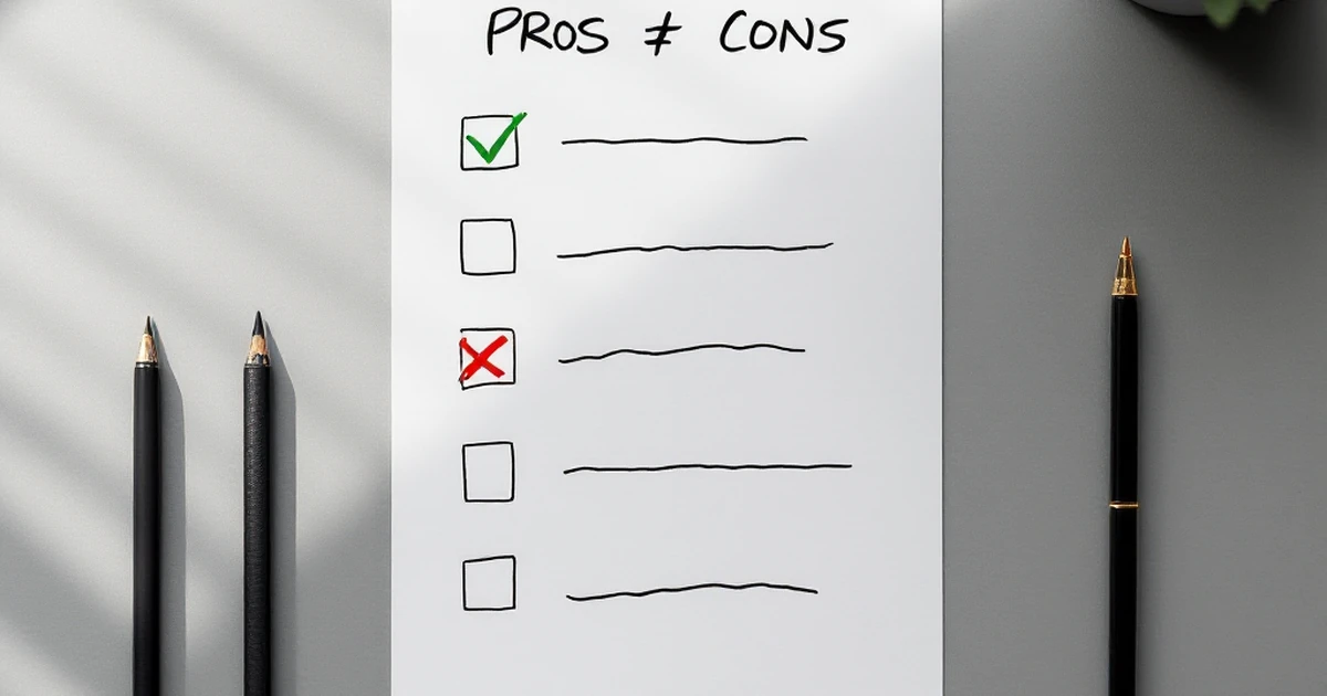 Flat lay of pros and cons list for AI tools with checkmark and cross.
