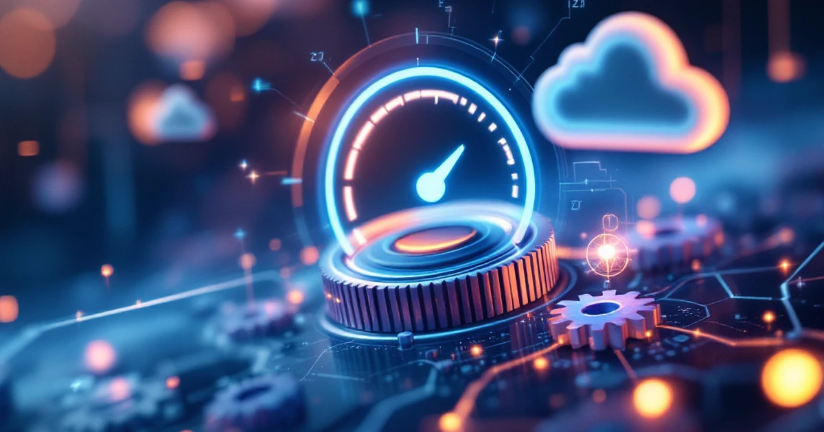 Abstract image showing a fast-loading website with a speedometer and digital cloud.