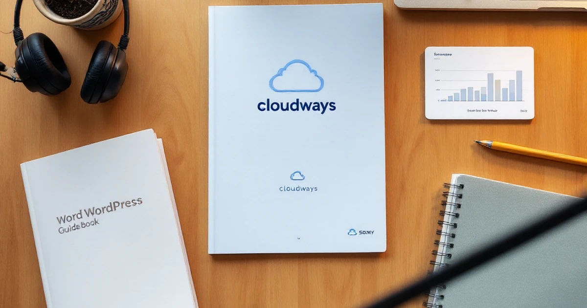 Workspace setup with Cloudways logo, WordPress guidebook, and a laptop with a bar graph.