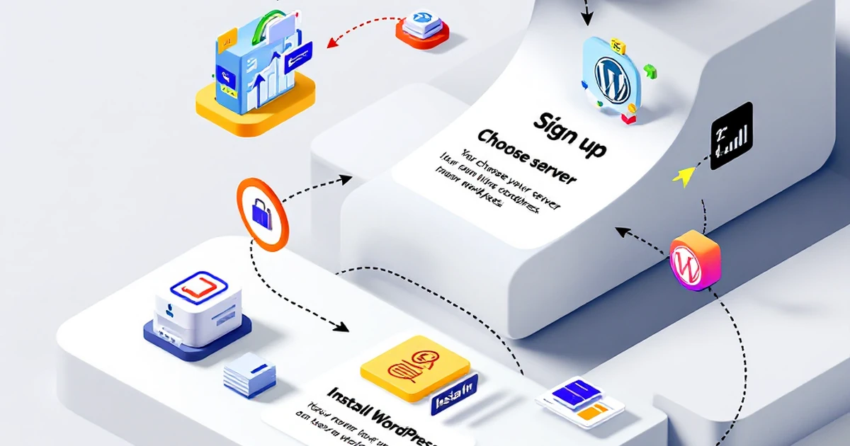 Isometric layout of a step-by-step guide with icons for signing up, choosing a server, and installing WordPress.