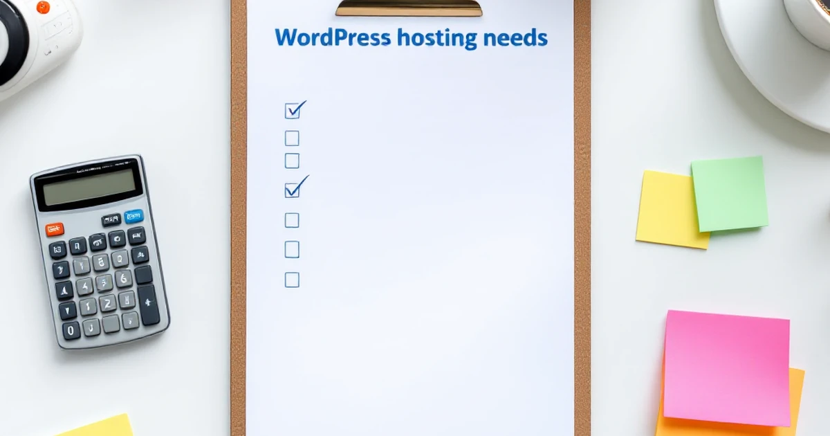 Checklist for WordPress hosting needs with calculator and sticky notes.