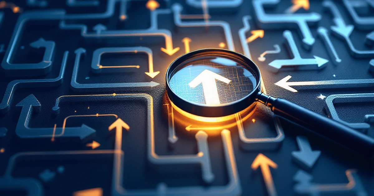 Abstract maze with a magnifying glass for troubleshooting WordPress hosting.