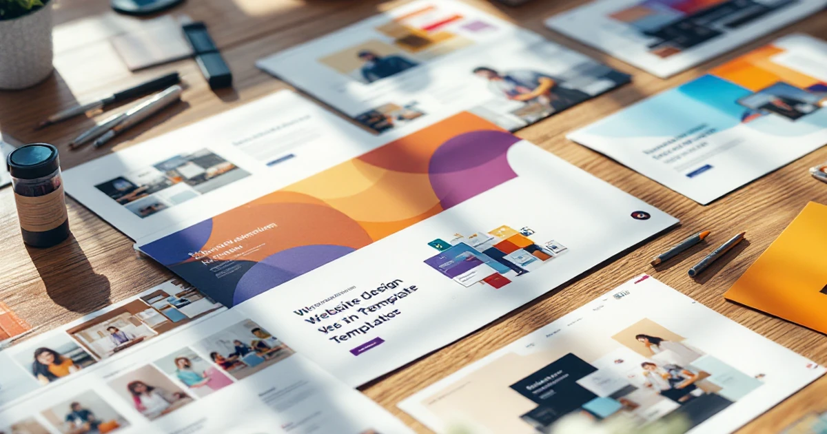 Printed website design templates with design tools and color swatches on a table.