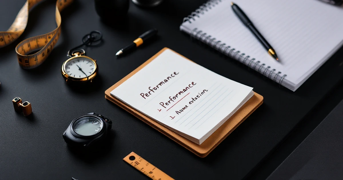 Performance testing tools like a stopwatch and notepad on a black desk.