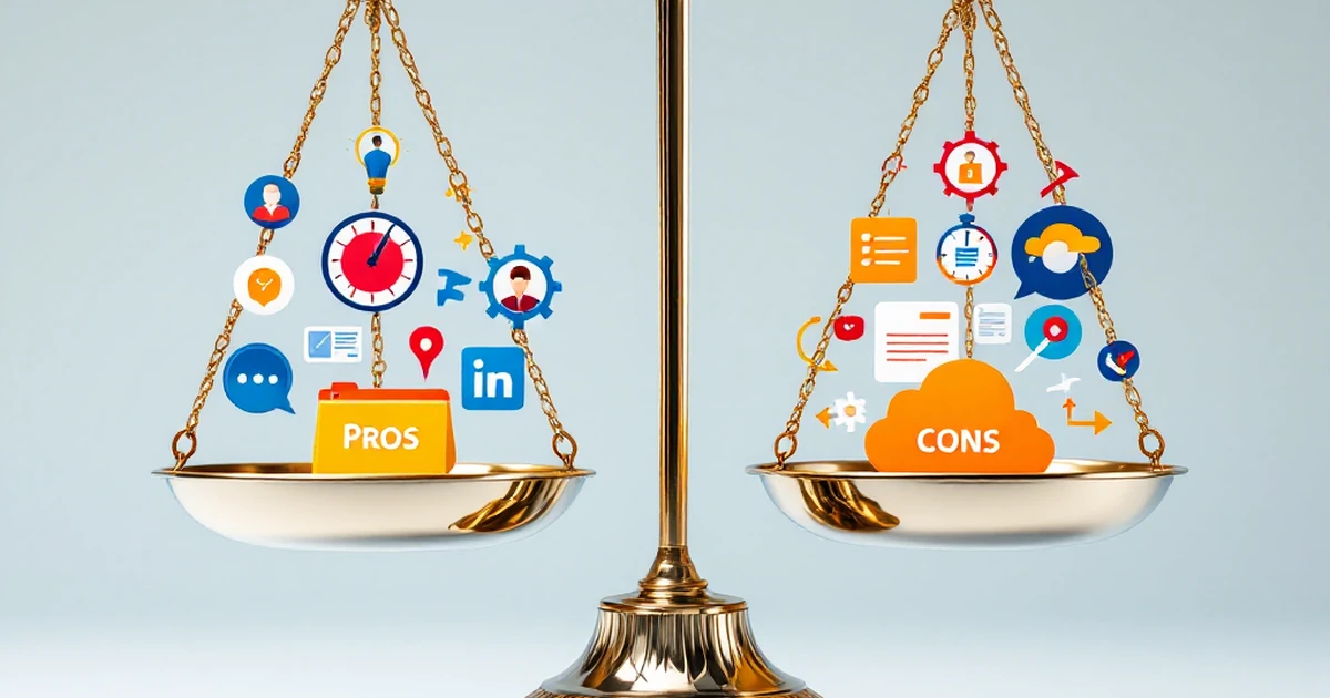 Scales balancing icons for pros and cons like speed and support.