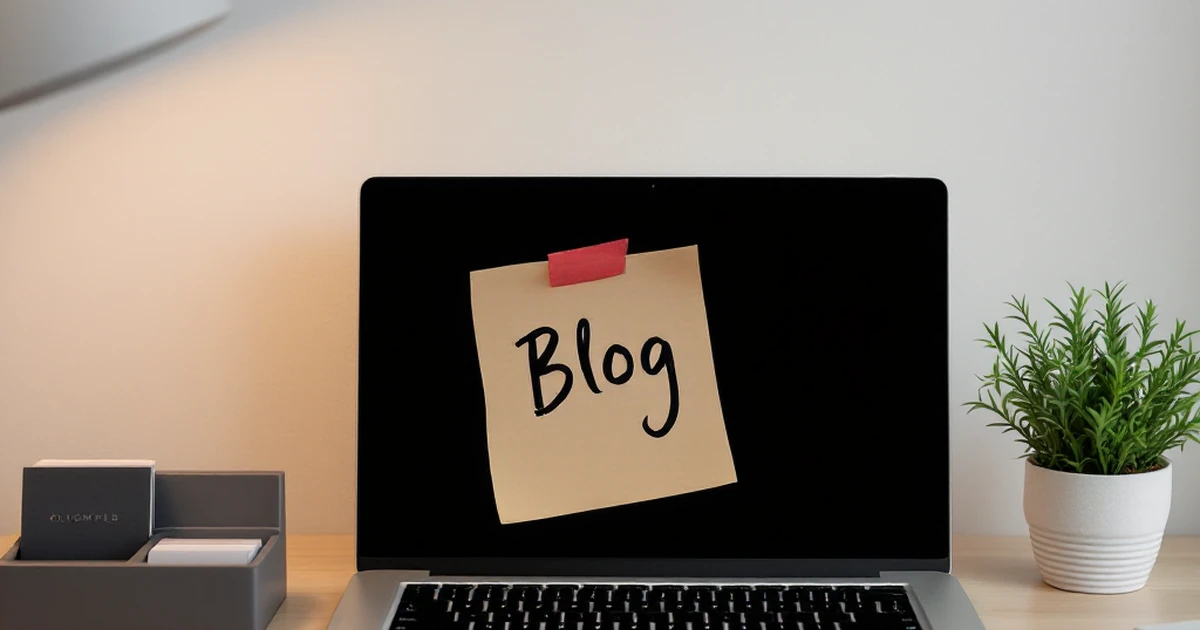 Desk setup with a laptop labeled 'Blog', business card holder, and plant, suggesting different website uses.