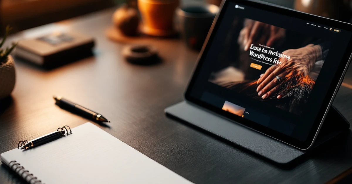 Workspace setup for website creation with a notepad, pen, and WordPress site mock-up.