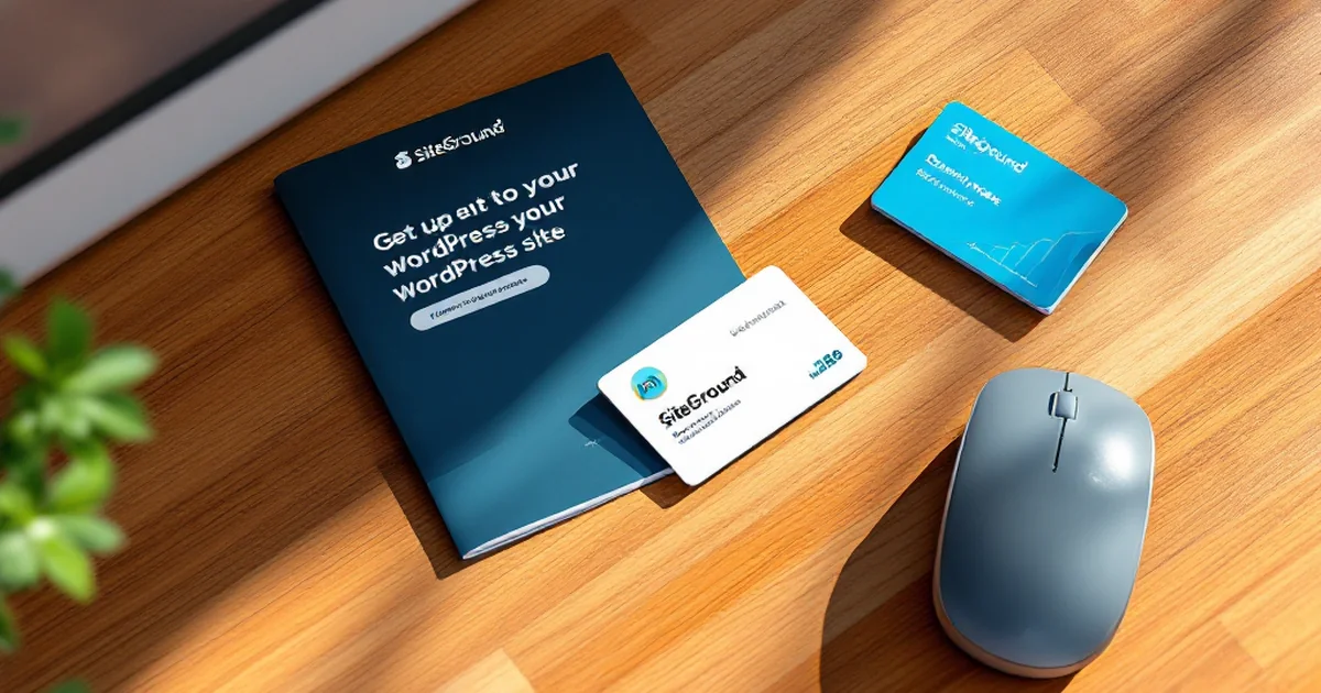 Isometric view of items needed for WordPress setup including SiteGround account brochure and domain name card.