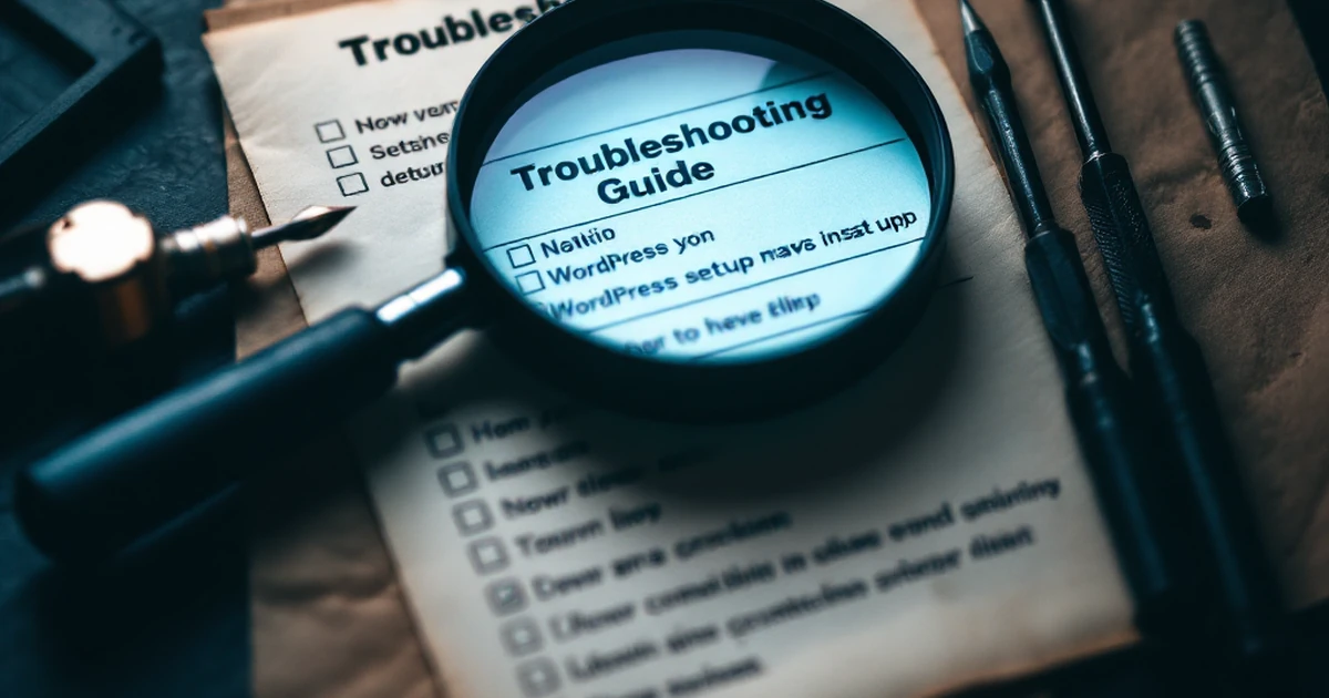 Troubleshooting tools for WordPress setup with magnifying glass and guide.