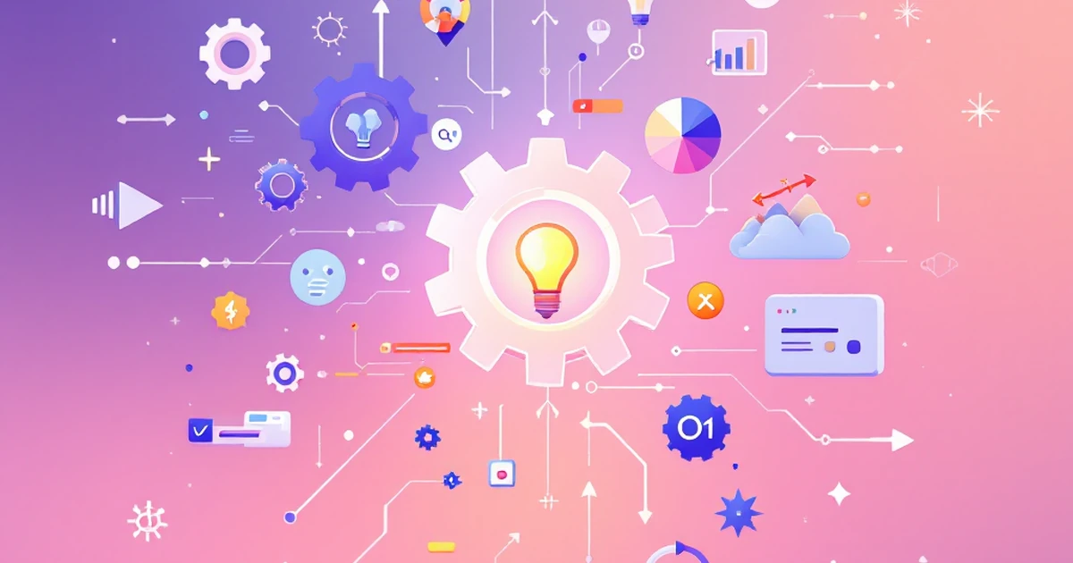 Abstract icons representing website building tools on a gradient background.