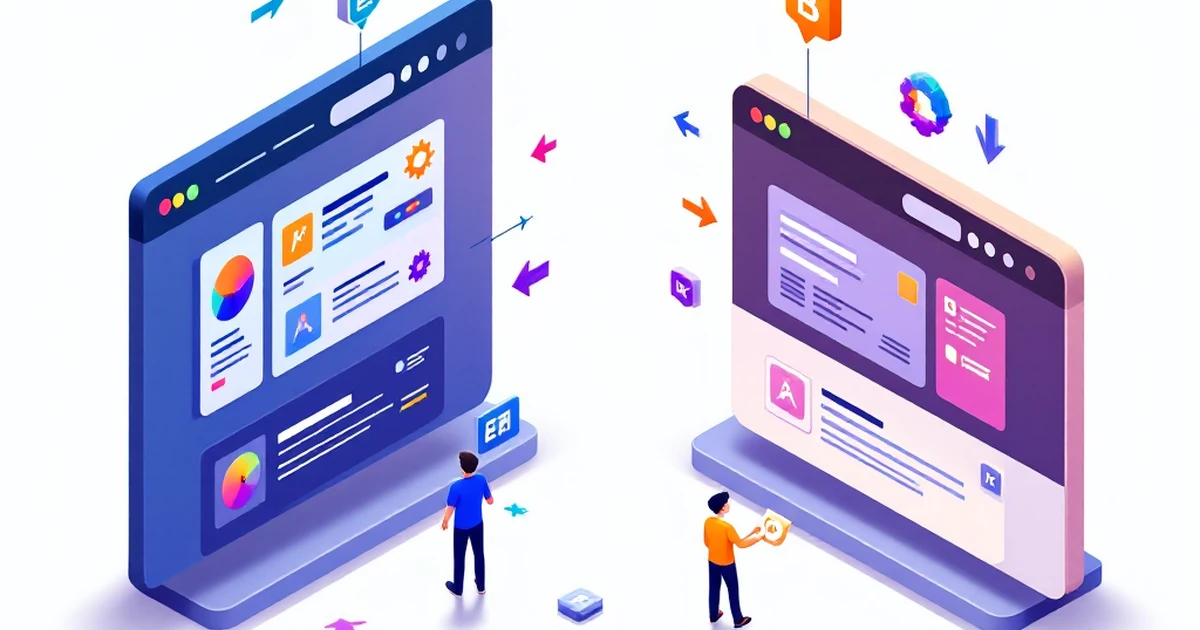 Isometric view of Elementor and Beaver Builder interfaces with design elements.