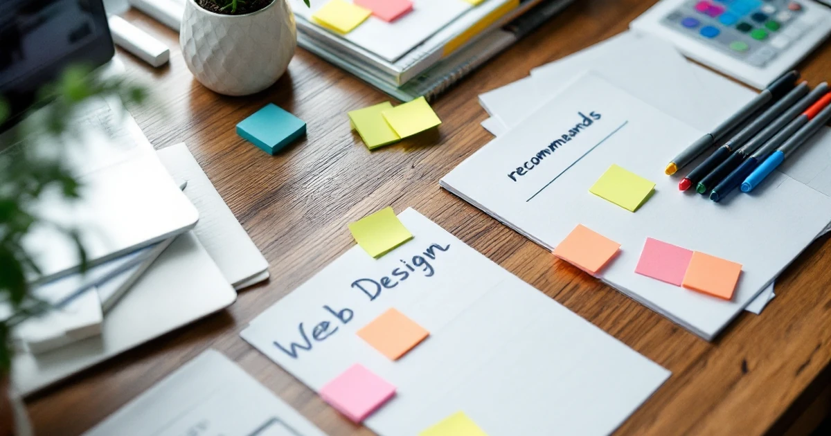 Workspace with notepads and design tools for web design recommendations.