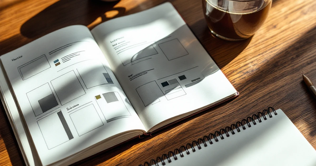 Workspace with web layout sketches and color swatches for page builders.