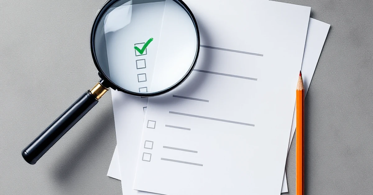 Magnifying glass over checklist and flowchart for page builder decision.