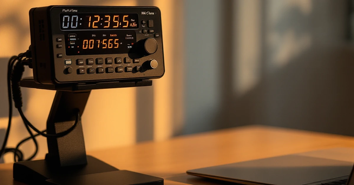 Product image of performance testing setup with digital timer and laptop stand.