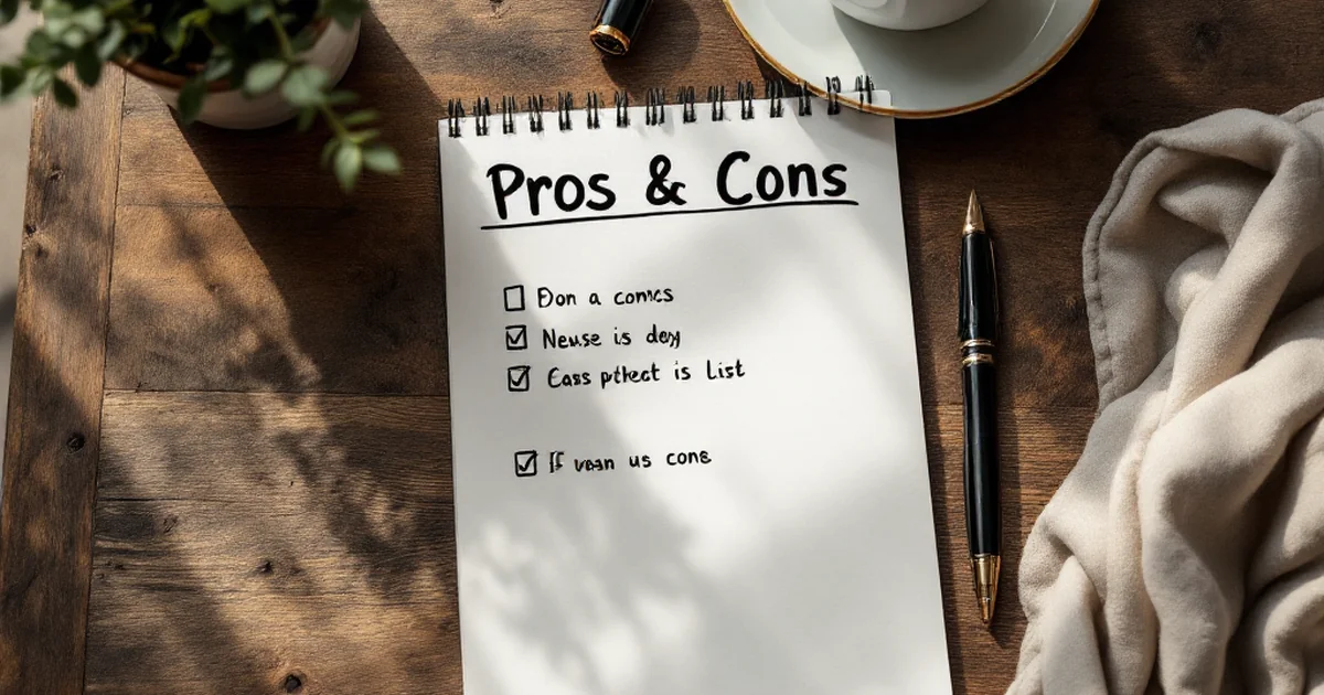 Flat lay of pros and cons list on a notepad with coffee and plant.