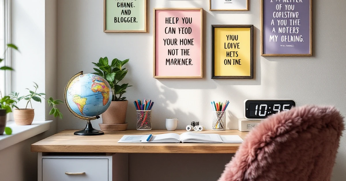 Workspace image of a blogger's desk with motivational quotes and colorful pens.
