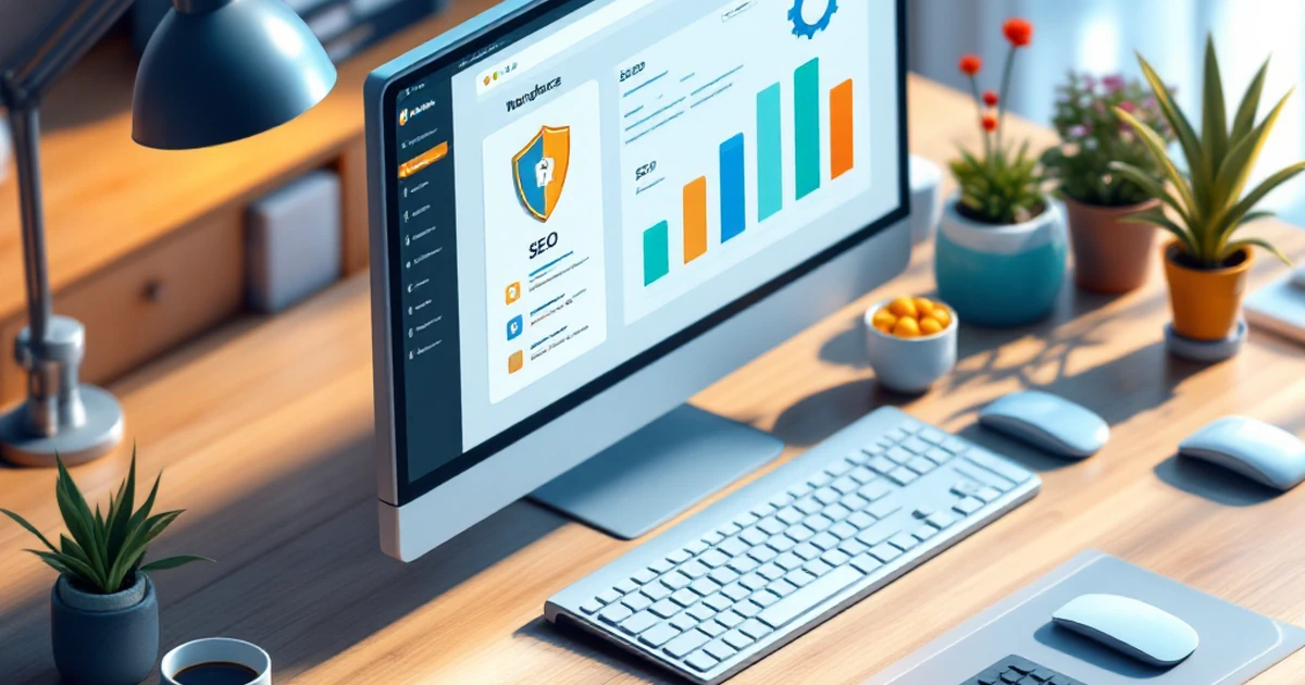 Isometric view of a WordPress dashboard with plugin icons for security, SEO, and settings.