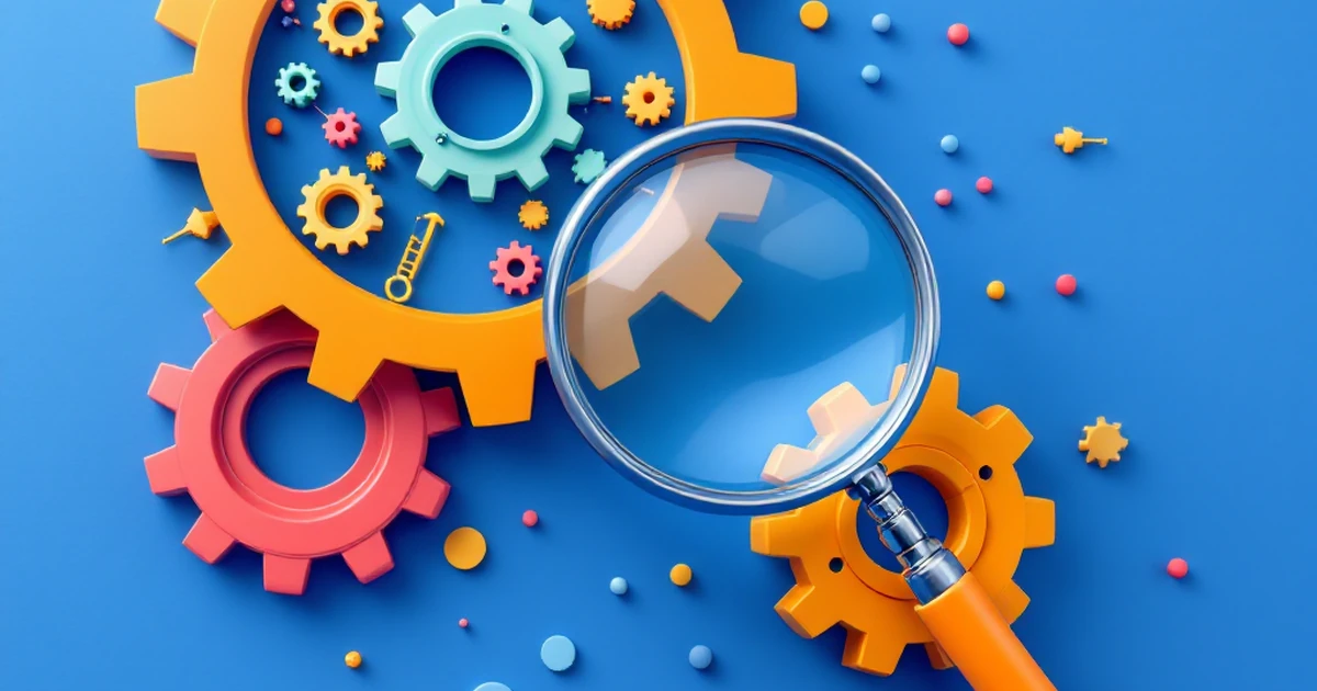 Abstract representation of SEO tools with gears and magnifying glass.