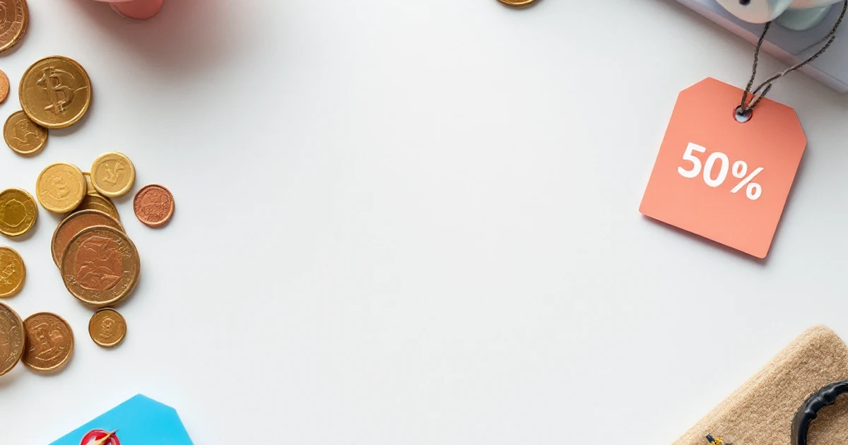 Flat lay of budget-friendly WordPress plugin symbols like coins and piggy bank.