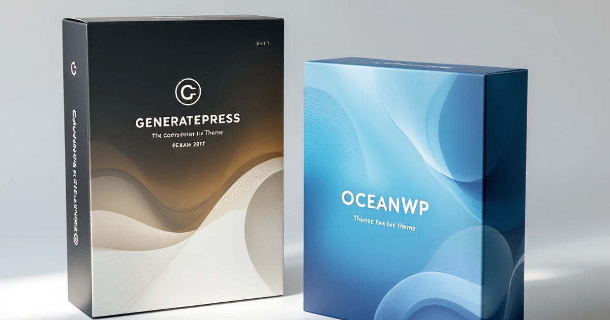 Product photography of GeneratePress and OceanWP theme boxes on white background.