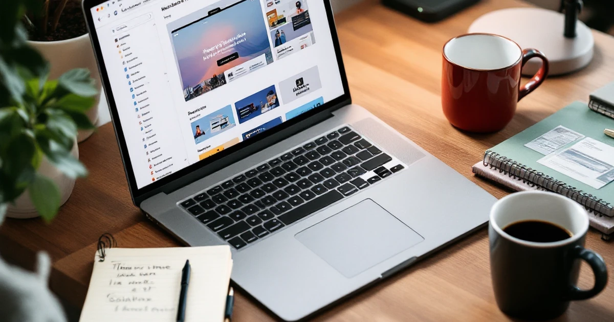 Isometric view of a workspace with WordPress theme selection tools and notes.