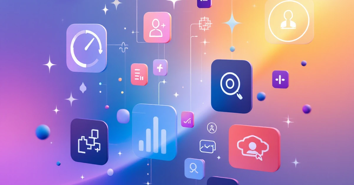 Abstract image of digital theme elements floating against a gradient background.