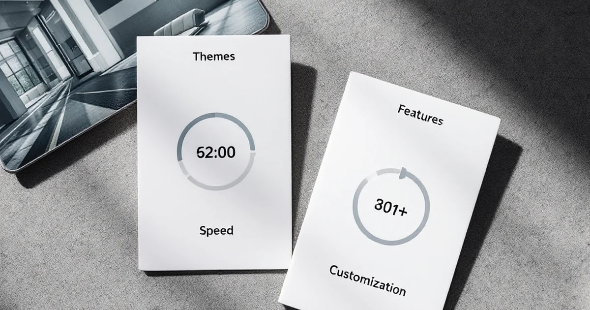 Product shot of two theme feature cards on gray surface.