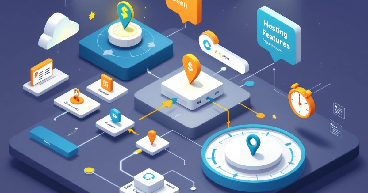 Isometric flow chart comparing hosting features like speed and support.