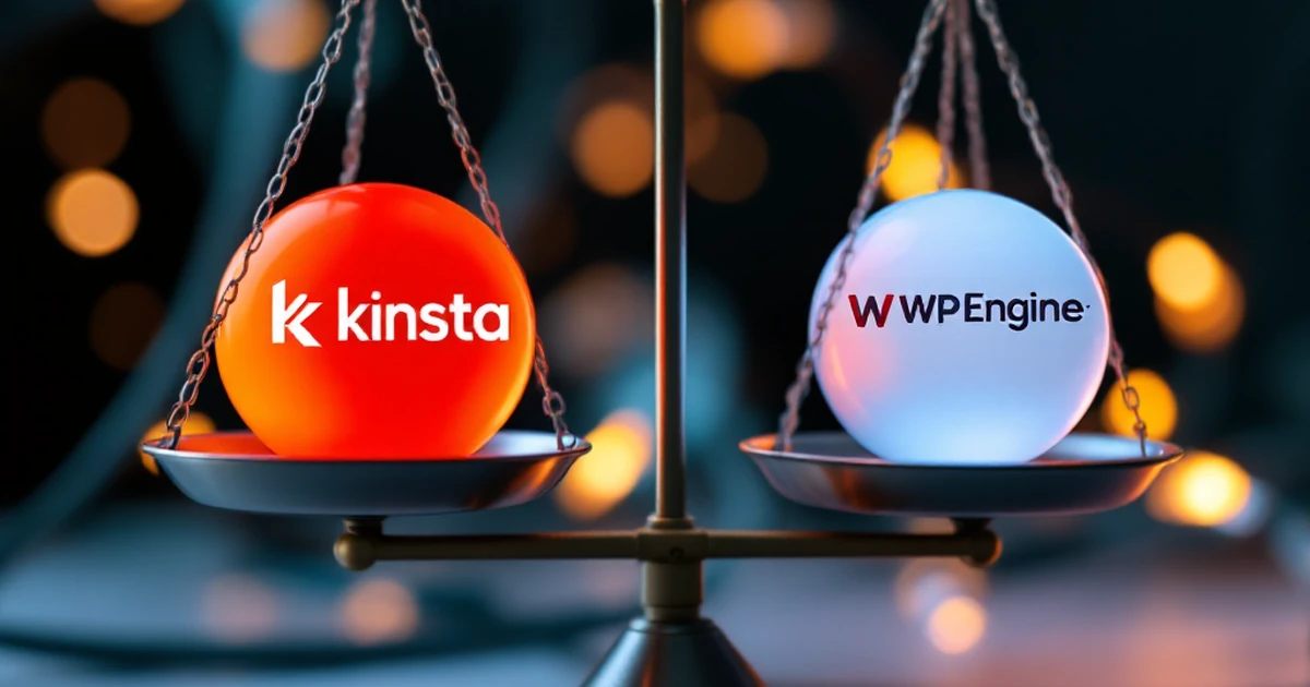 Editorial image of balance scale with Kinsta and WPEngine logos.