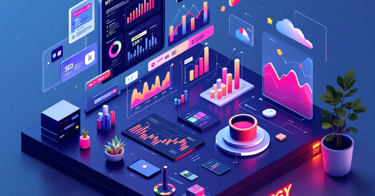Isometric view of digital workspace with SEO strategy elements and data graphs.