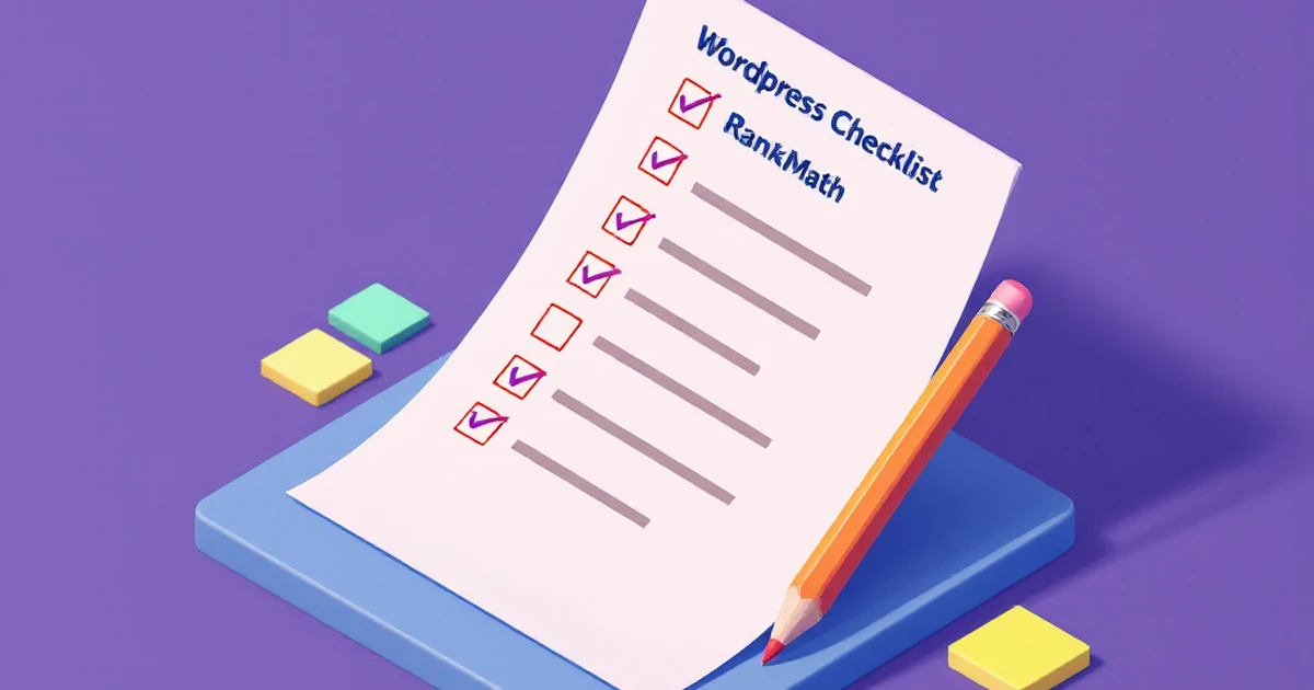 Isometric view of WordPress and RankMath checklist.